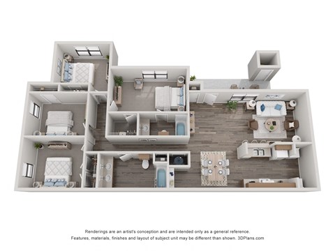 Floor plan for 4 beds, 2 baths, 1285 sqft